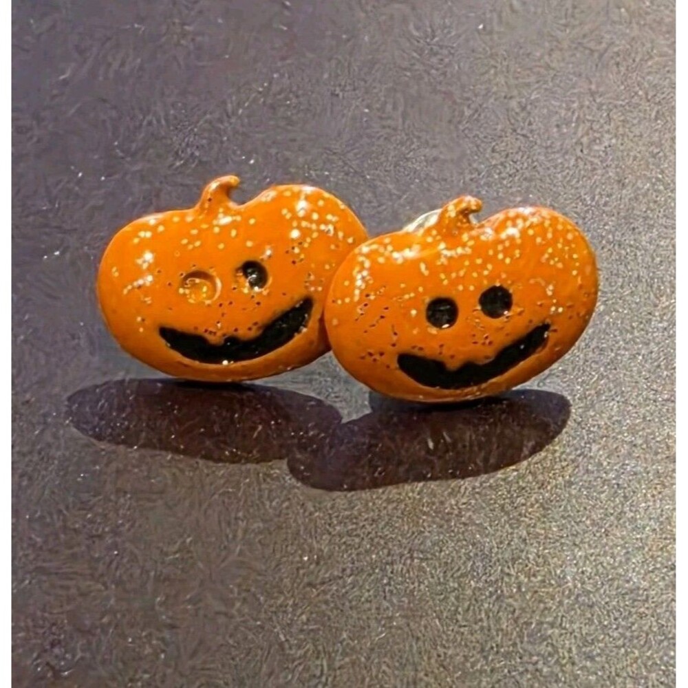 Cute Orange Glitter Pumpkin Jack O Lantern Stud Earrings Halloween Costume